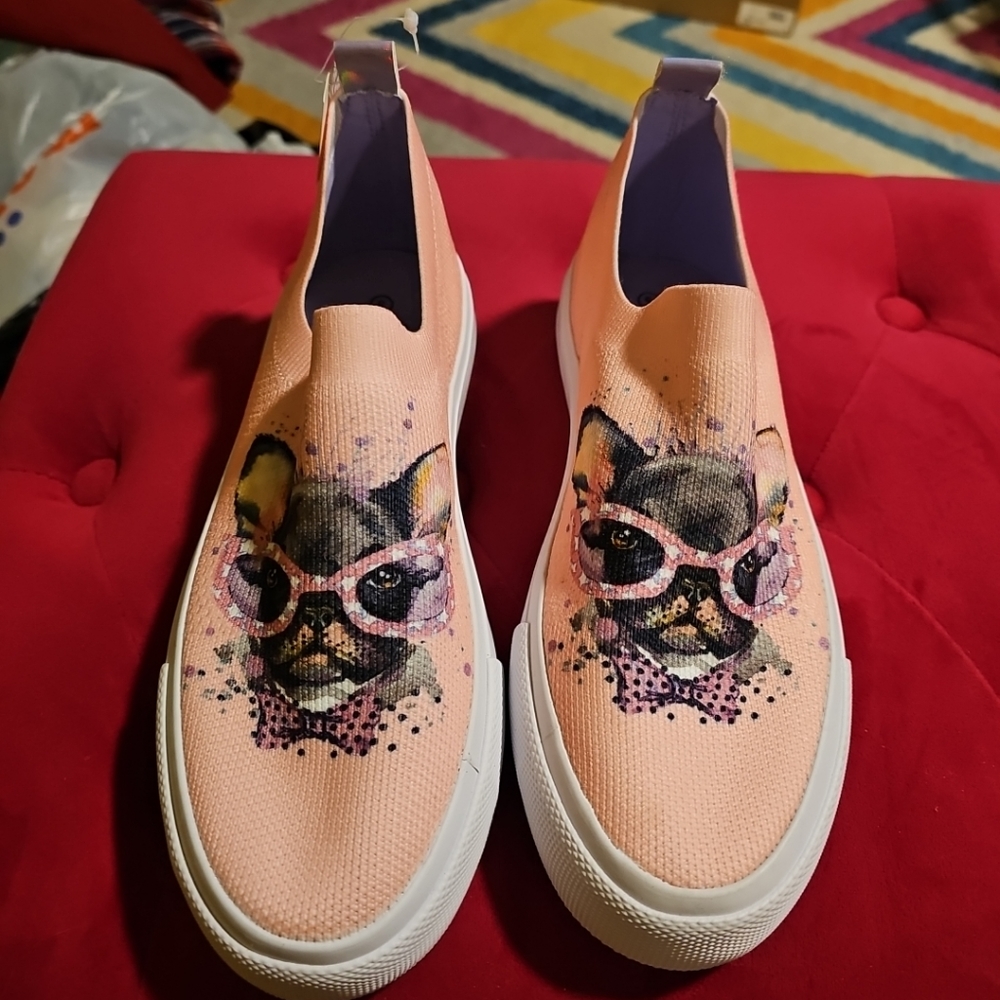 NWT Falls Creek Girls Sz 5 French Bulldog Pug Dog Sunglasses Slip-On Sneakers